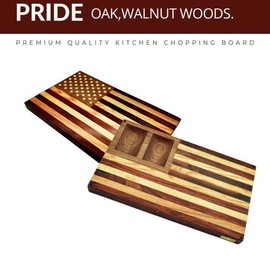 Organic Solid Wood Cutting Board – Walnut, Oak & Indian Rosewood, Large Non-Toxic Hardwood Chopping Board with Handle, American Flag Design & Back Compartment, Multi-Functional Charcuterie, Edge Grain - Size: Small