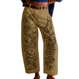 YSW Embroidered Mid Rise Jeans for Women Baggy Boyfriend Jean Boho Barrel Horseshoe Vintage Pants Khaki M