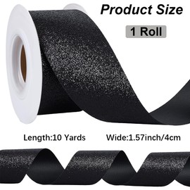 CABODYALS 9.14M 40MM Black Glitter Ribbon Metallic Sparkle Bling Ribbon Polyester Sparkling Shiny Satin Ribbons Bulk Roll with Spool for Sewing Making Crafts Gift Wrapping Party Home Decor Supply