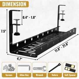 Cable Management Under Desk Tray, Set of Two, No-Drill Installation with Upgraded Clamp, Metal Cord Organizers for Desk with Cable Organizers, PC Cable Management Rack, Black