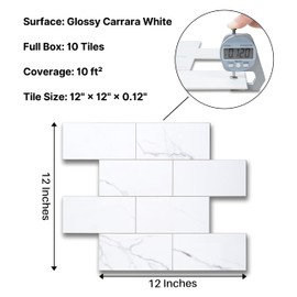 COLAMO Luxury 10-Sheet Peel and Stick Backsplash,Self Adhesive Faux Stone 12”x12” White Subway Tile for Kitchen,Glossy Waterproof Carrara Brick Marble Look,Stick on Accent Wall for Bathroom,Bedroom