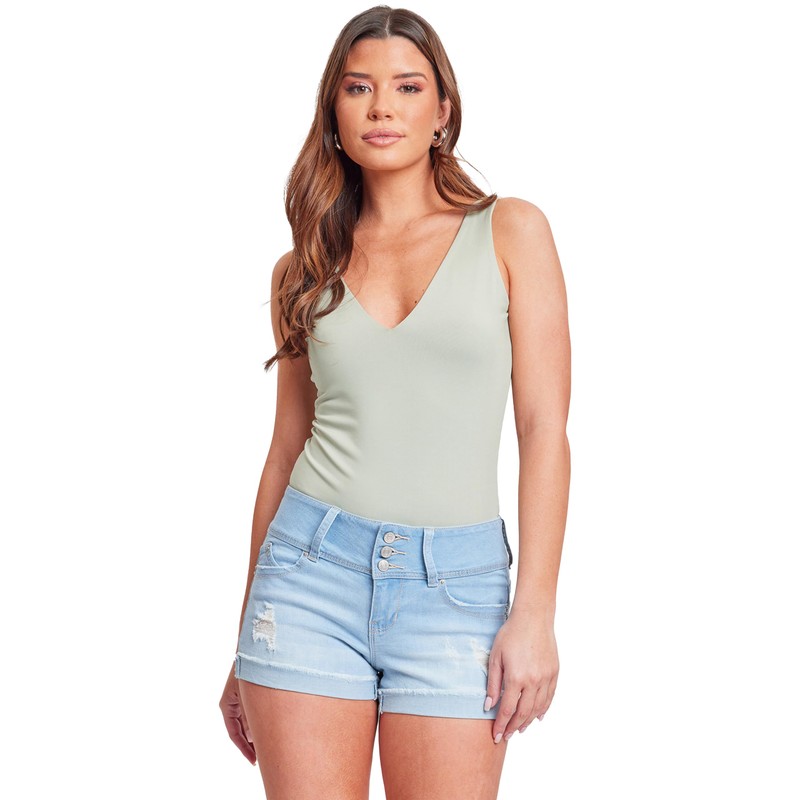 YMI Womens Junior Wannabettabutt 3-Button Mid-Rise Cuffed Hem Lightly Distressed