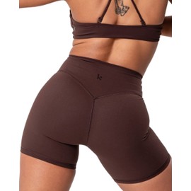 Kamo Fitness Serenity Shorts High Waisted 6" Inseam No Front Seam Thigh Friendly V Booty Seam Women's Biker Shorts (Java Brown, S)