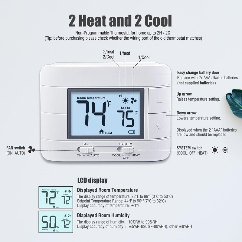 Aowel Non Programmable Thermostat for Home 2 Heat 2 Cool