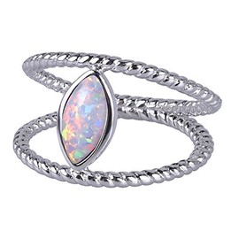 KELITCH Synthetic Opal Stacking Rings Marquise Shaped Birthday Stone Inlay Silver Solitaire Signet Ring, Silver, Opal,