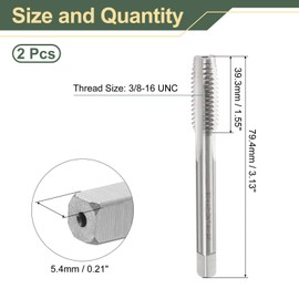 sourcing map 2pcs Hand Plug Tap 3/8-16 UNC 2B Thread Plug Style Taps Straight Flute Screw Tapping Threading Tool High Speed Steel HSS6542