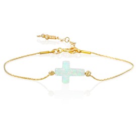Tooliks White Opal Cross Minimalist Gold Filled Bracelet - Handmade Bracelet for Women (White, Gold)