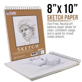 U.S. Art Supply 08" x 10" Premium Spiral Bound Sketch Pad, Pad of 100-Sheets, 60 Pound (100gsm) (Pack of 2 Pads)