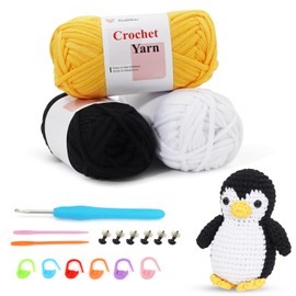Easy Crochet Yarn for Beginners, 3 Pack × 1.8 oz Cotton Yarn for Crocheting & Knitting Thick and Soft, Penguin Amigurumi Crochet Kit with Video Tutorials, Easy-to-See Stitches, Worsted Medium # 4
