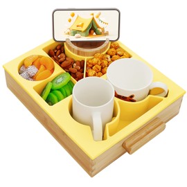 Nnewvante Couch Caddy with Cup Holder, 8 in 1 Divided Serving Tray with Handle for Sofa Bed RV Car Organizer Caddy Movie Night Snack Trays, Bamboo and BPA Free Silicone, Yellow