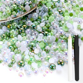 100g Mix Flatback Pearls and Rhinestones for Crafting,Green 3-10mm Resin Rhinestones and Half Pearls for Bedazzling, Nail Art Face Makeup Craft DIY Decoration
