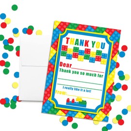 Building Blocks Birthday Party Thank You Notes, Ten 4" x 5.5" Fill In The Blank Cards with 10 White Envelopes for Kids by AmandaCreation