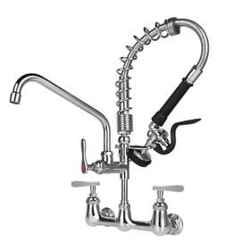 KWODE Commercial Sink Faucet with Pull Down Sprayer 8 Inch Center Wall Mount Kitchen Faucet with 8" Swivel Spout, 20" Height Pre Rinse Faucet for 1 Compartment Sink, Brass Constructed Chrome