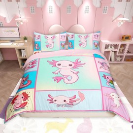 Loussiesd Cute Axolotls Duvet Cover Set Double Size For Kids Boys Girls Teens Pink Axolotls Animals Bedding Set Cartoon Salamander Comforter Cover with 2 Pillowcases Kawaii Ocean Sealife Beds Set