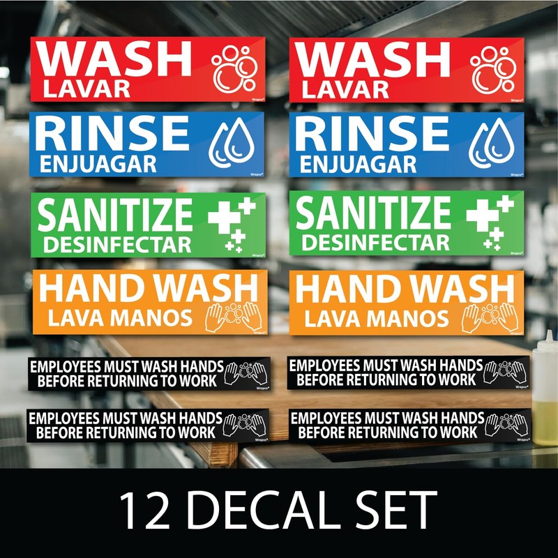 (12 Pack) Wash Rinse Sanitize Sink Labels Stickers, Hand Wash