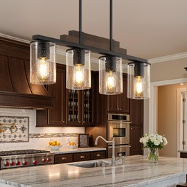 Farmhouse Wood Kitchen Island Lighting, 4-Light Adjustable Chandelier for Dining Room, Seeded Glass Shade Dining Room Light Fixture Over Table, Black Hanging Pendant Lights for Kitchen, Pool Table