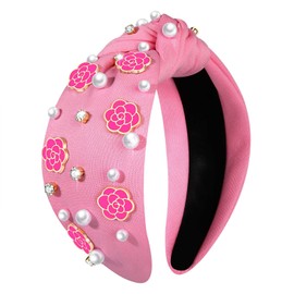 NVENF Flower Headbands for Women Spring Summer Floral Knotted Headbands Crystal Rhinestone White Pink Wide Top Knot Headband Beach Summer Hair Accessories Outfits Gifts (Flower D - Pink)