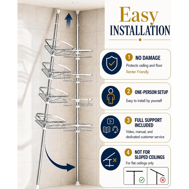 SEIRIONE Rustproof Shower Corner Caddy Organizer for Bathroom, 4 Adjustable