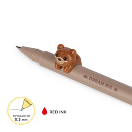 Legami - Gel Pen with Decorative Animal, Prevents Rolling, Red Ink, Removable and Recombinable Animal, 0.5 mm Tip, Teddy Bear Theme