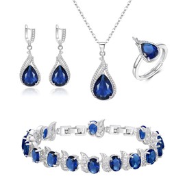 BriLove Wedding Jewelry Set for Bride, Teardrop Cubic Zirconia Pendant Necklace Dangle Earrings Tennis Bracelet Adjustable Ring Wedding/Birthday/Mother's Day/Christmas Gift Sapphire Color Silver-Tone