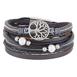 StarAppeal Women’s Wrap Bracelet with Pearls, Chains, Braided Element, Tree of Life Charm and Silver Magnetic Clasp, Silver