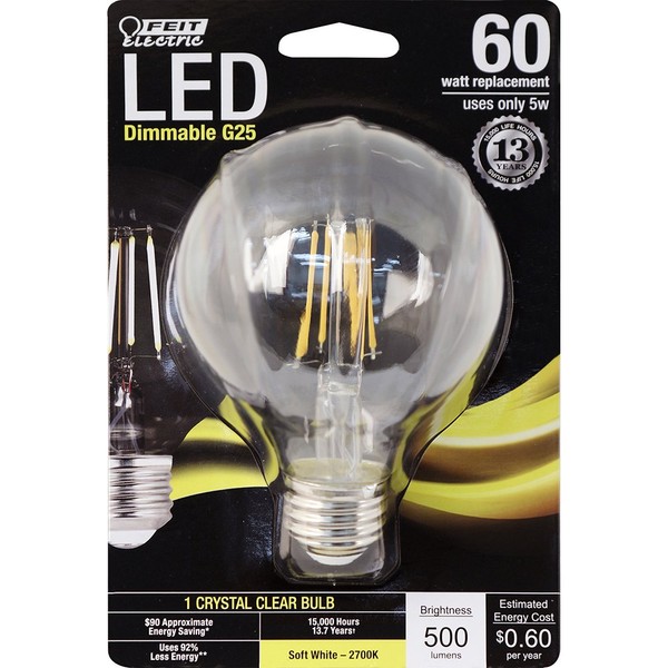 Feit Electric BPG2560/827/LED Decorative Glass Filament LED Dimmable 60W Equivalent Soft White Globe Bulb, Clear