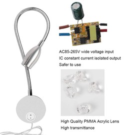 Yangly - Lámpara de lectura LED flexible para mesilla de noche (3 W, con interruptor y enchufe, lámpara de pared de cuello de cisne para recámara, oficina, hotel, ángulo de haz de 3000 K/30 °, Plateado y blanco cálido.