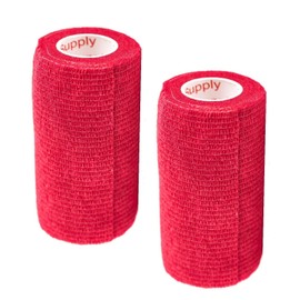 Vet Wrap Tape (Red) (2 Pack) (4 Inch x 15 feet) Self Adhesive Adherent Adhering Cohesive Flex Self Stick Bandage Grip Roll Dog Cat Pet Horse