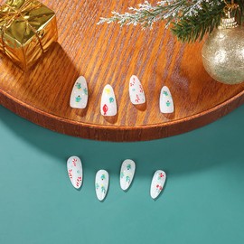 Christmas Press on Nails Medium Almond Shape Cute Star Christmas Tree Fake Nails Winter Acrylic Nails Christmas Cane Stick on Nails Reusable New Year False Nails for Women DIY Nail Supplies 24Pcs
