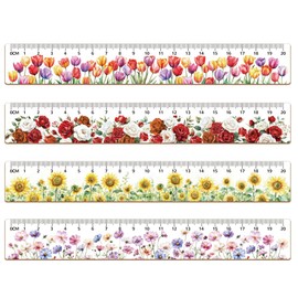 arricraft 4Pcs Wood Ruler, 4 Styles Tool Ruler Tulips Roses Sunflowers Wildflowers Student Ruler Creative Flowers Styling Measuring Tool Knitting Tools for Students Teachers Artists