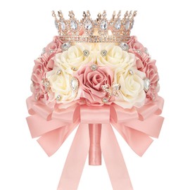 Suncalla 8.7" Ramo de Quinceañera Peach Pink & Cream Bridal Wedding Bouquet with Crown Satin Rose Bling Artificial Flower Bunch Inspiración Ramos para Quinceaños for Bride Wedding Quinceanera