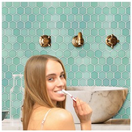 Decopus Peel and Stick Faux Ceramic Tile (Hexagon 3D Blue Cyan Color 10pc/Pack) for Kitchen, Bathroom, Car Camper - DIY Remodelling, Wall Decorations, No Grout Backsplash, Faux Smart Tile Marble