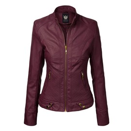 Lock and Love LL WJC747A Womens Dressy Vegan Leather Biker Jacket XS Wine