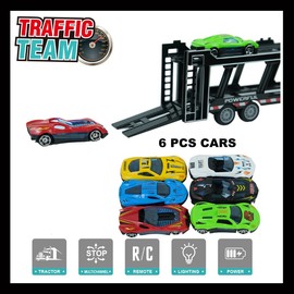 Remote Control Car Transporter Truck Includes 6 Cars, 14" 1:48 Car Transporter Semi Truck Toy, Equipped with 2 Rechargeable Batteries, Gifts Ideas for Boys Age 3-8 Year Old