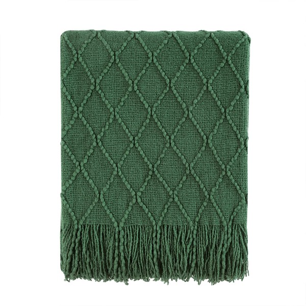 BOURINA Textured Solid Soft Sofa Throw Couch Cover Knitted Decorative Blanket, Dark Green, 127x152cm