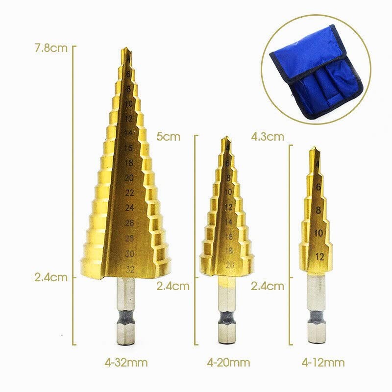 Large HSS 3pcs Steel Step Cone Drill Titanium Bit Set