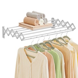 SONGMICS Clothes Drying Rack, Wall-Mounted Drying Rack Clothing, Accordion Laundry Rack, 9 Staggered Hanging Rods, Expandable and Retractable, Steel, Cloud White ULLR806W01