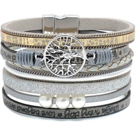 Chamqueen Magnetic Buckle Leather Braided Bracelet Boho Wrap Bangle for Women Gray