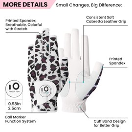 FINGER TEN Golf Gloves Women's Leather Left Right Hand Golf Gloves with Ball Marker Value 1 Piece Glove, Rain Grip Grip Left Right Golfer (Leopard, M, Left)