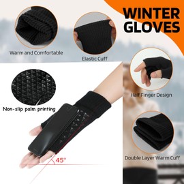 iDopick 2 Pairs Winter Warm Fingerless, Thermal Knit Soft Fleece Lined Glove Elastic Cuff Glove for Women Men Texting Gloves,Grey