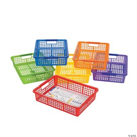 Fun Express Stackable Storage Bins 13x9.75x3 Inch - 6 Pack Colorful Plastic Storage Baskets with Handles for Classroom Organization | Paper Trays for Teachers, Office Storage & Home Organizing