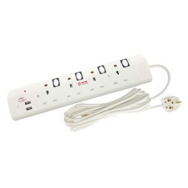Innoteck 5M 4 Way Switched Extension Lead with 2USB ports - Neon Surge Protection Guard - White