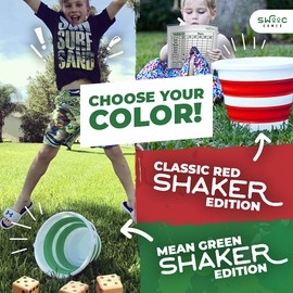 SWOOC SWOOC Games - Yardzee, Farkle & 20+ Games - Classic Red Shaker Edition (All Weather) - Yard Dice Game Set with Red Collapsible Bucket, Lid, 5 Big Laminated Score Cards & Marker - Outdoor Yard Games