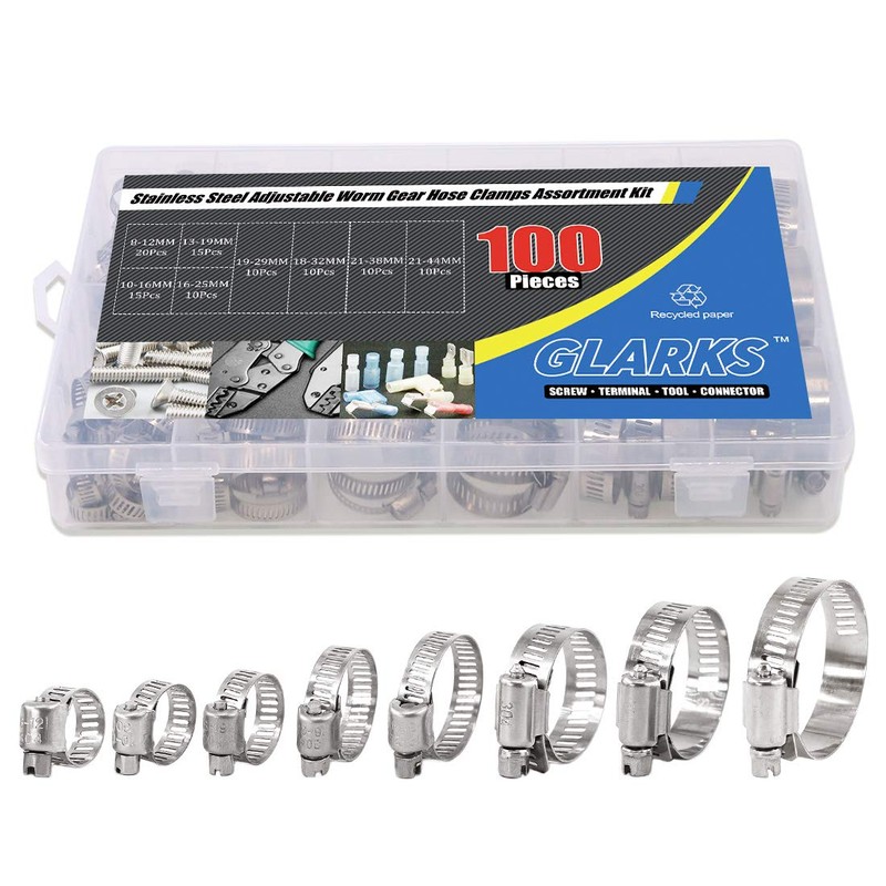 Glarks 100Pcs Adjustable 8-44mm Range 304 Stainless Steel Worm Gear