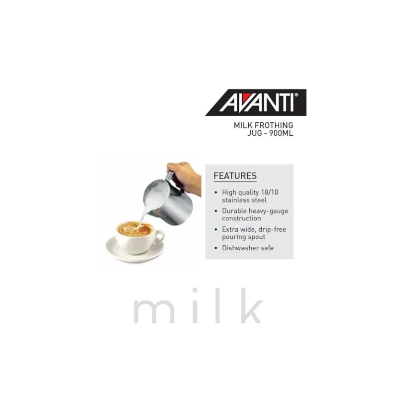Avanti Stainless Steel Steaming Milk Pitcher, 900 ml