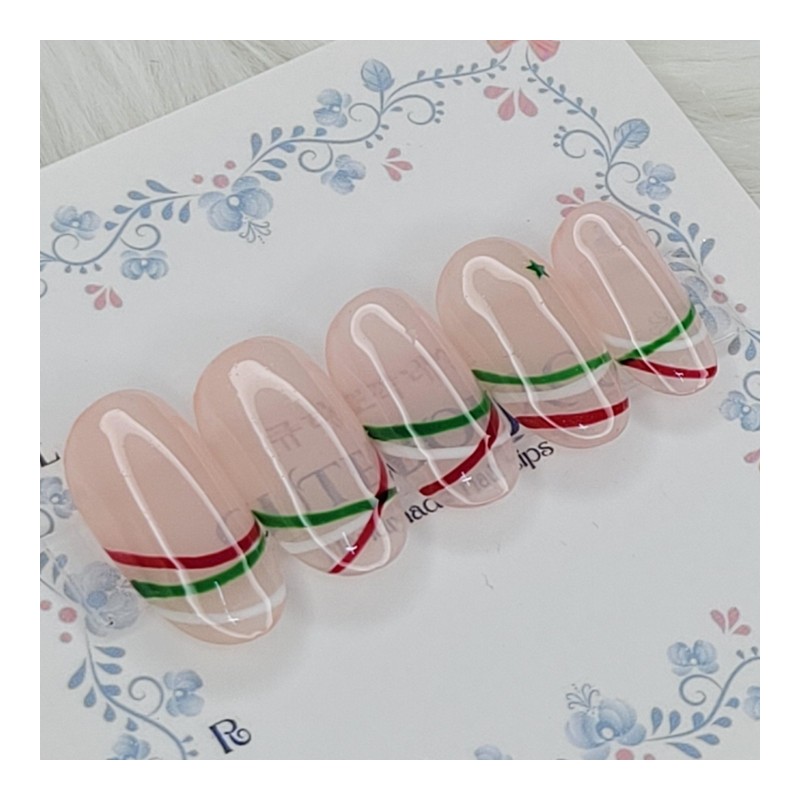 Xmas Line Handmade Nail Tips - Oval M / Xmas