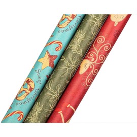 K-Kraft Vintage Prints Christmas Kraft Wrapping Paper Sets - 112.5 Square feet per Set (Mistletoe-Reindeer-SodaShoppe)