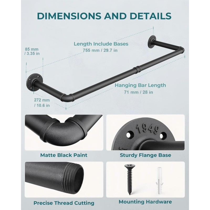 RSFMAS Wall Mounted Clothes Rack, Industrial Pipe Clothing Hanger 28