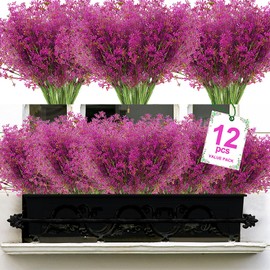 XEOLIAN Artificial Plants, 12 Bundles Outdoor Fake Plants Spring Summer UV Resistant Faux Greenery Shrubs Indoor Outside Porch Garden Patio Window Box Decor (Magenta)