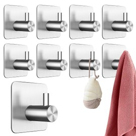 GALASALA Ganchos Adhesivos para Pared 8 PCS, Ganchos para Pared 304 Acero Inoxidable, Ganchos Adhesivos Baño Cocina, Se Pueden Colgar Toallas, Llaves, Sombreros, Ropa (Plata)